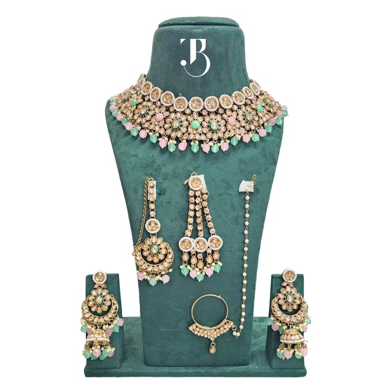 TBJ Bridal Jewelry Set (Light Pink & Green Pearl) Bridal look | Artificial Fashion | Bollywood style Necklace Set for Women