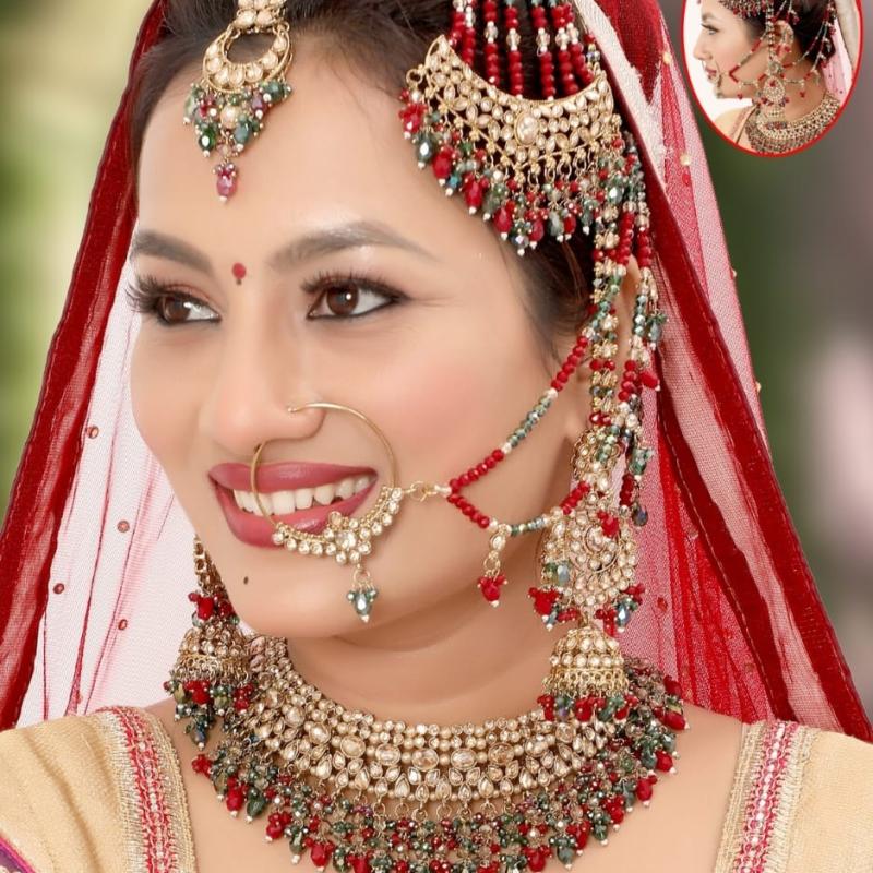 TBJ Bridal Jewelry Set (Red & Green Pearl) Celebrity Style | Artificial Fashion | Wedding Necklace Set for Women