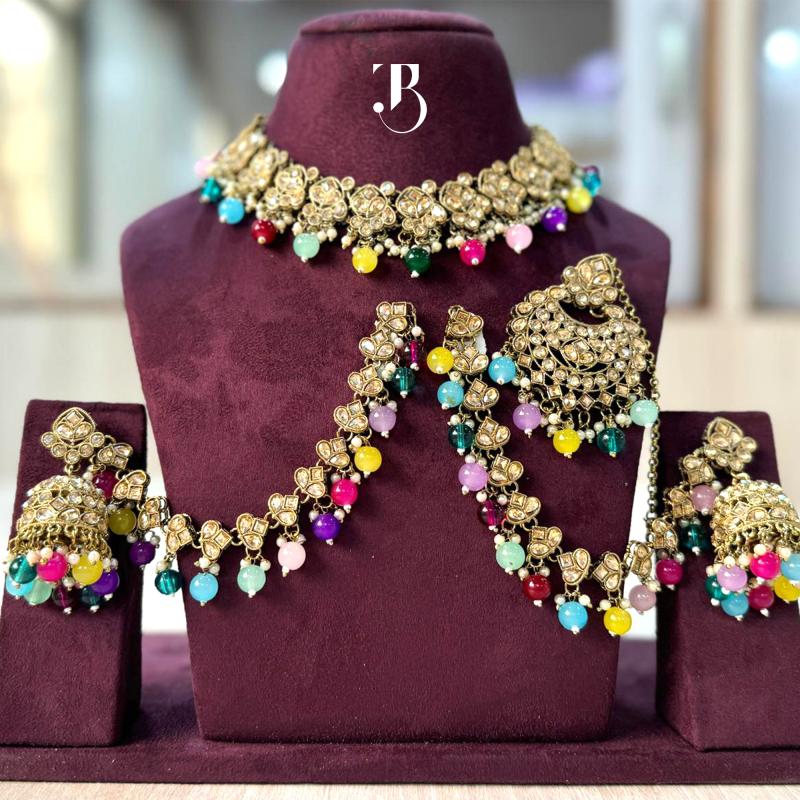 TBJ Bridal Jewelry Set with Maatha Patti Premium Multi Color Pearl | Bridal Accessories | Artificial Necklace Set with Maatha Patti for Women